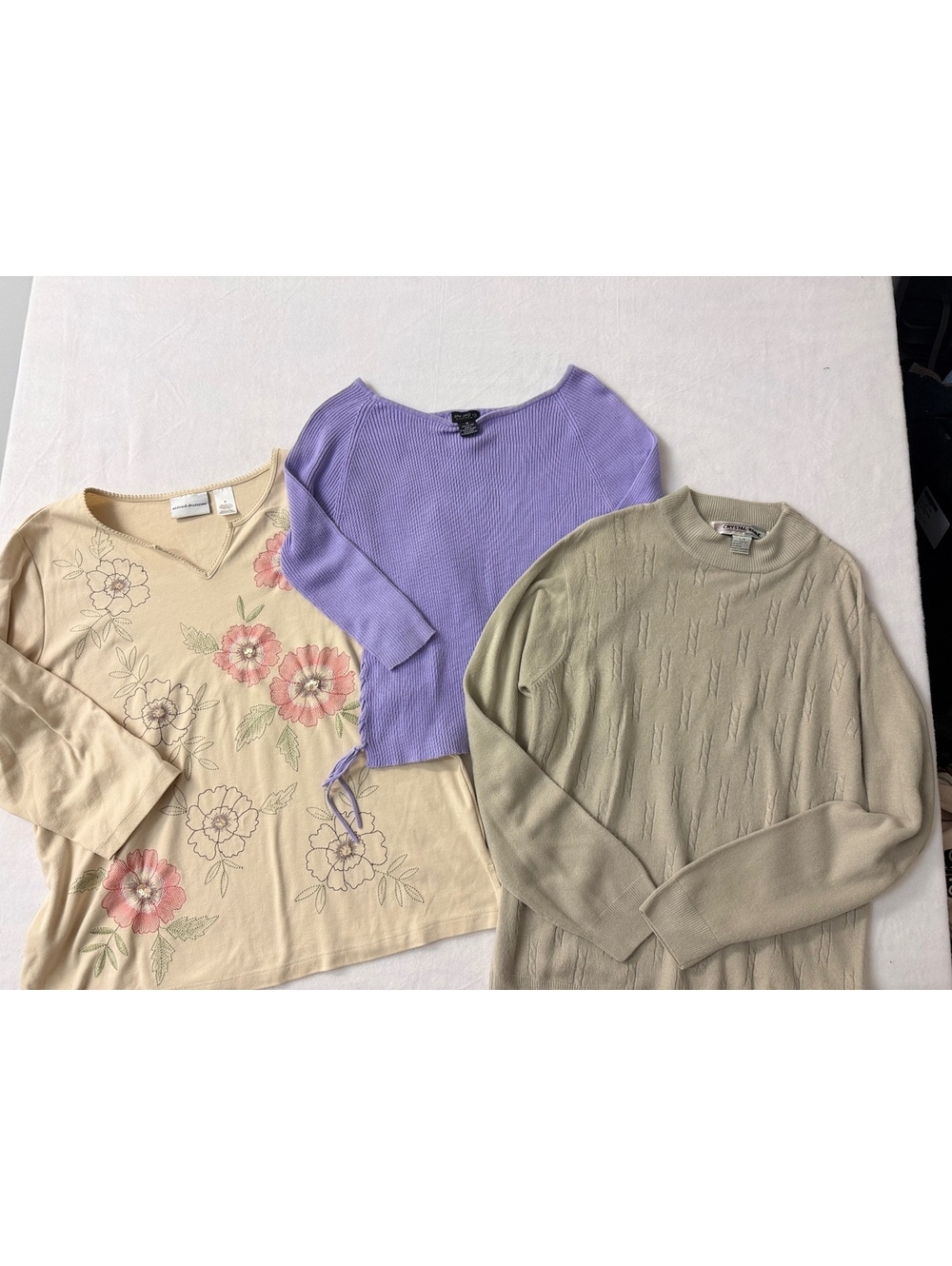 Crystal-Kobe Beige Knit Pullover Sweater, One Step Up Purple Ribbed Top, and Emb